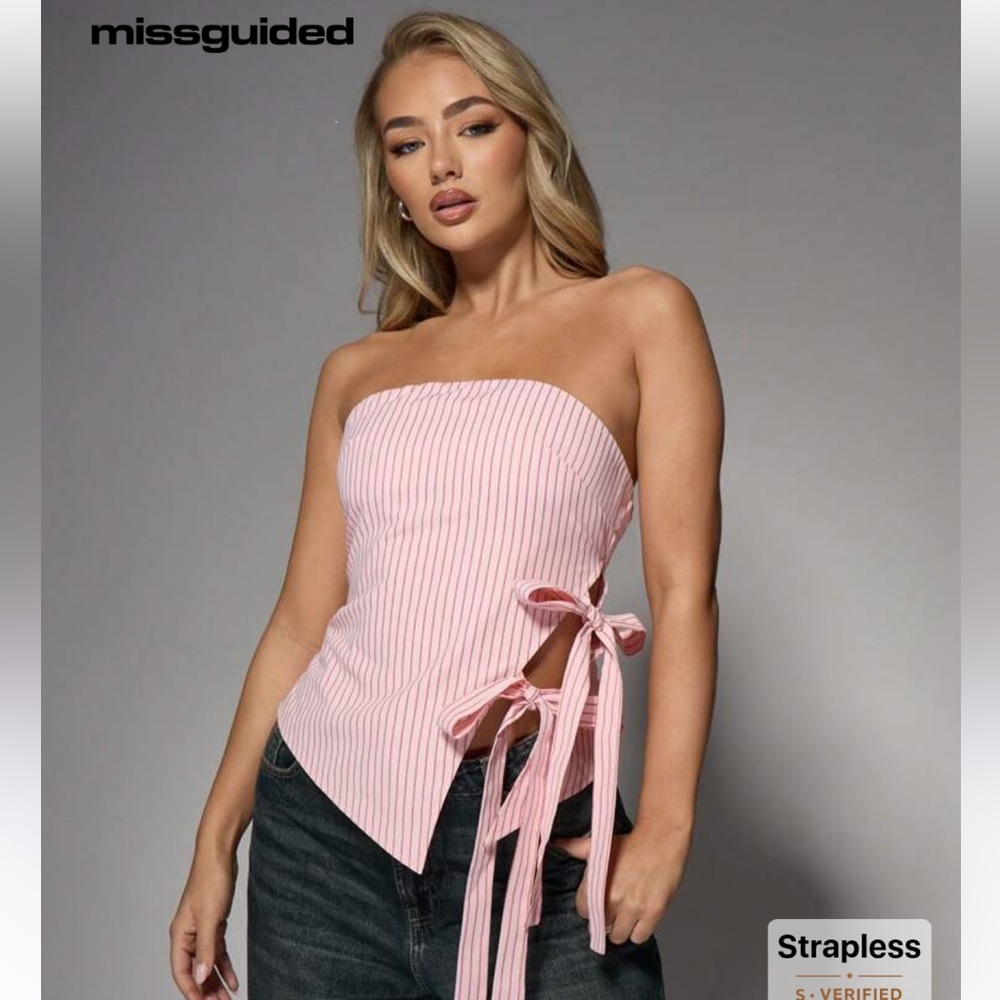 MISSGUIDED Strapless Bandeau Top With Side Bow Tie Pink Pin Striped Women's Top - Picture 10 of 11